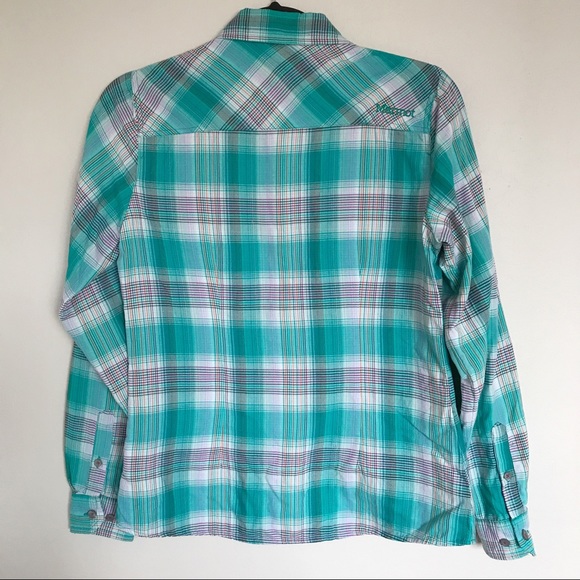 Marmot Plaid Button Up Long Sleeve Shirt Size Small Teal Nylon Outdoor Hiking - Picture 7 of 16